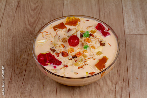 chill Royal Falooda in bowl on wooden background photo