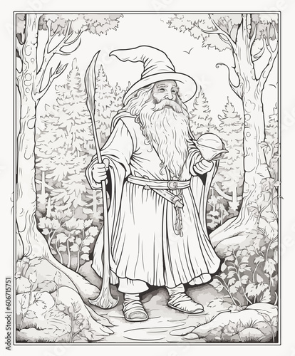 Mage elf in a magical fire illustration coloring book black and white for kids and adults isolated line art on white background.