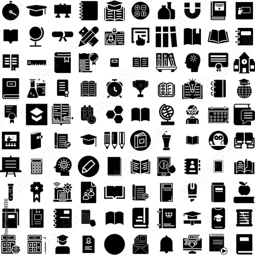 Collection Of 100 Education Icons Set Isolated Solid Silhouette Icons Including Education, Student, University, Book, Icon, School, Knowledge Infographic Elements Vector Illustration Logo