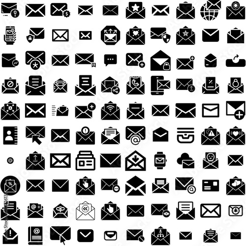 Collection Of 100 Email Icons Set Isolated Solid Silhouette Icons Including Web, Vector, Communication, Email, Message, Mail, Internet Infographic Elements Vector Illustration Logo