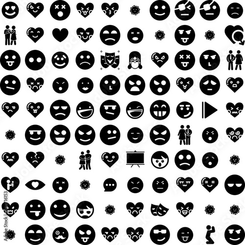 Collection Of 100 Emotions Icons Set Isolated Solid Silhouette Icons Including Face, Happy, Expression, Smile, Symbol, Illustration, Emotion Infographic Elements Vector Illustration Logo
