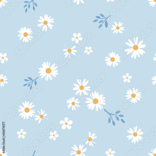 Fototapeta Naklejka Na Ścianę i Meble -  Seamless pattern with daisy camomiles flower on blue background vector.