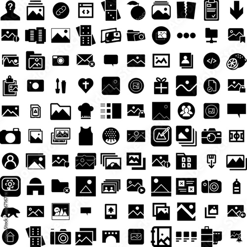 Collection Of 100 Images Icons Set Isolated Solid Silhouette Icons Including Photo, Design, Vector, Web, Frame, Picture, Image Infographic Elements Vector Illustration Logo