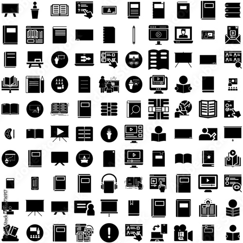 Collection Of 100 Lesson Icons Set Isolated Solid Silhouette Icons Including Education, Lesson, School, Girl, Student, Teacher, Teaching Infographic Elements Vector Illustration Logo