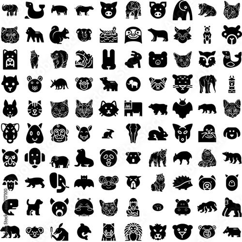 Collection Of 100 Mammal Icons Set Isolated Solid Silhouette Icons Including Fauna, Wildlife, Mammal, Nature, Wild, Isolated, Animal Infographic Elements Vector Illustration Logo