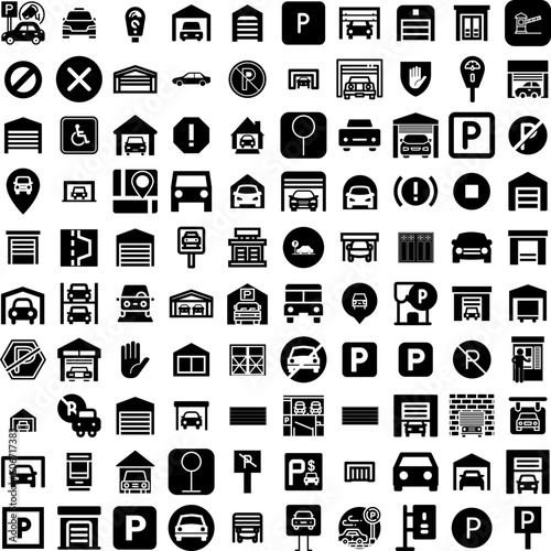 Collection Of 100 Parking Icons Set Isolated Solid Silhouette Icons Including Traffic, Transportation, Transport, Car, Vehicle, Road, Automobile Infographic Elements Vector Illustration Logo