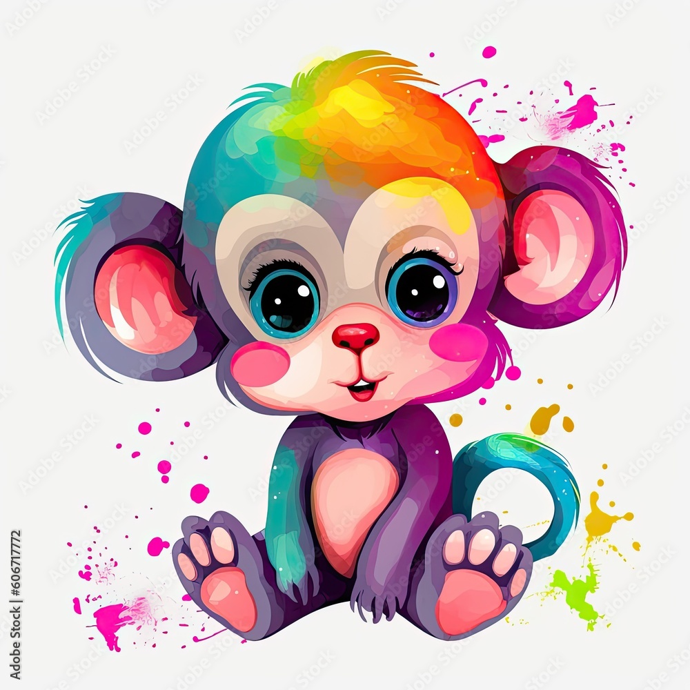 Playful monkey cub bundle illustration. Colorful monkey cub set, smiling and sitting on a white background. Monkey cub designs with cute eyes and colorful fur for coloring pages. Generative AI.