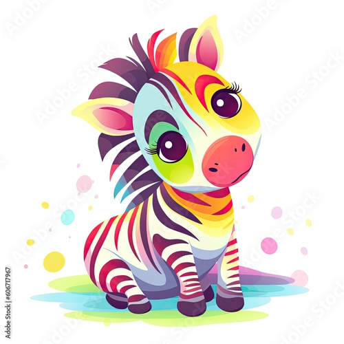 Cute baby zebra collection  playing and smiling on a white background. Colorful baby zebra set illustration with cute eyes and color splash. Baby zebra sitting and smiling. Generative AI.