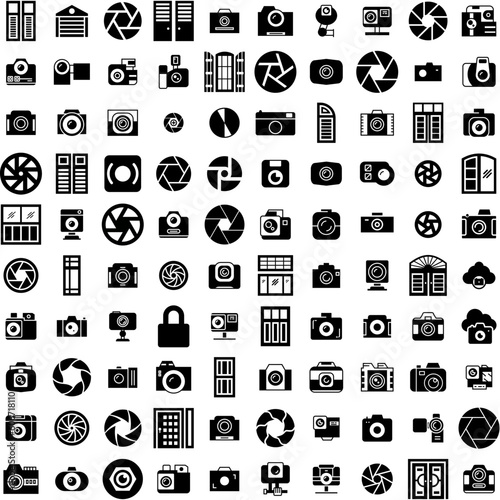 Collection Of 100 Shutter Icons Set Isolated Solid Silhouette Icons Including Window, Home, White, Modern, House, Blind, Shutter Infographic Elements Vector Illustration Logo