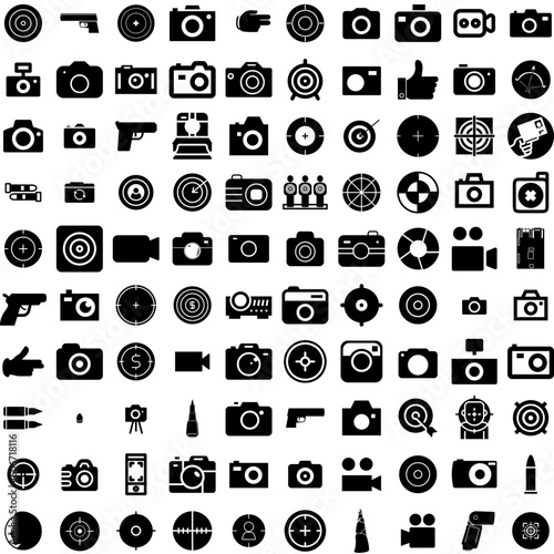 Collection Of 100 Shoot Icons Set Isolated Solid Silhouette Icons Including Light, Abstract, Black, Star, Night, Shooting, Background Infographic Elements Vector Illustration Logo