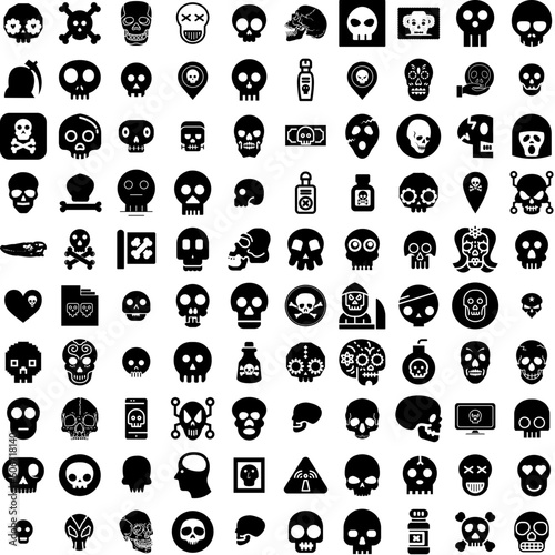 Collection Of 100 Skull Icons Set Isolated Solid Silhouette Icons Including Bone, Skeleton, Dead, Human, Horror, Skull, Death Infographic Elements Vector Illustration Logo