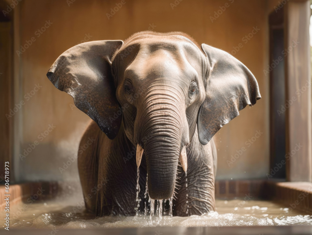 Fotografie Cute Elephant taking bath in bathtub Generative AI