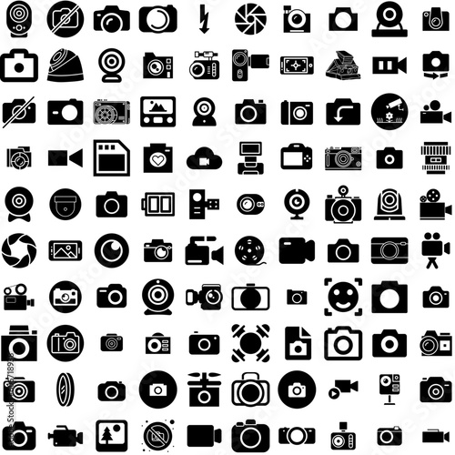 Collection Of 100 Camera Icons Set Isolated Solid Silhouette Icons Including Camera, Photography, Lens, Illustration, Photo, Equipment, Digital Infographic Elements Vector Illustration Logo