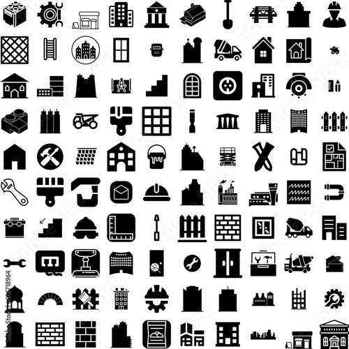 Collection Of 100 Construction Icons Set Isolated Solid Silhouette Icons Including Project, Industry, Construction, Building, Worker, Engineer, Business Infographic Elements Vector Illustration Logo