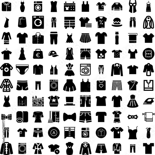 Collection Of 100 Clothes Icons Set Isolated Solid Silhouette Icons Including Background, Fashion, Clothes, Style, Cloth, Fabric, Clothing Infographic Elements Vector Illustration Logo