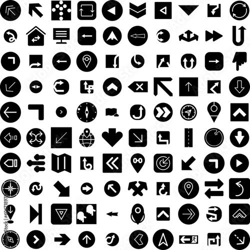 Collection Of 100 Direction Icons Set Isolated Solid Silhouette Icons Including Arrow, Direction, Background, Vector, Sign, Symbol, Illustration Infographic Elements Vector Illustration Logo