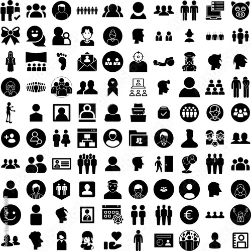 Collection Of 100 People Icons Set Isolated Solid Silhouette Icons Including Female, Team, Work, People, Person, Business, Group Infographic Elements Vector Illustration Logo