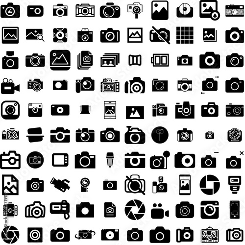 Collection Of 100 Photography Icons Set Isolated Solid Silhouette Icons Including Photo, Technology, Equipment, Photography, Photographer, Lens, Camera Infographic Elements Vector Illustration Logo