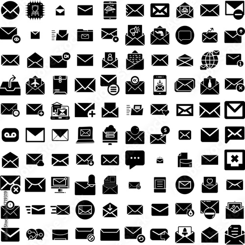 Collection Of 100 Email Icons Set Isolated Solid Silhouette Icons Including Web, Message, Communication, Internet, Vector, Mail, Email Infographic Elements Vector Illustration Logo