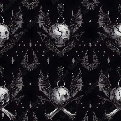 Seamless pattern Dark Vintage Gothic Demon Head Skulls Spikes Horns Bat wings created with Generative AI tools photo