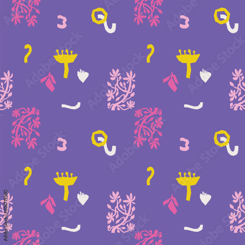 Violet abstract seamless pattern made of cut out shapes. Vector background.