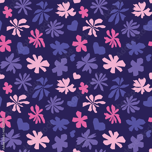 Violet and pink abstract tense pattern made of cut out simple floral shapes. Vector seamless background.