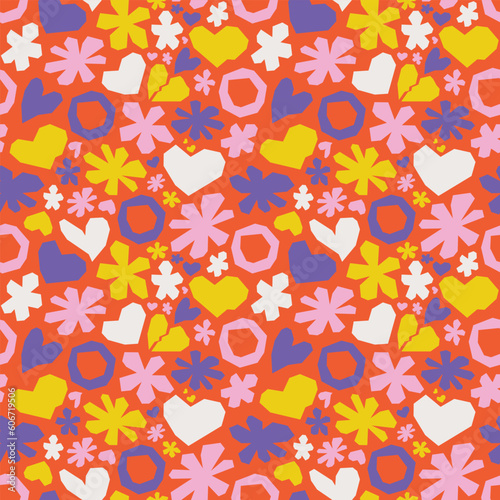 Red colorful abstract tense pattern made of cut out simple shapes - heart, flower. Vector seamless background.