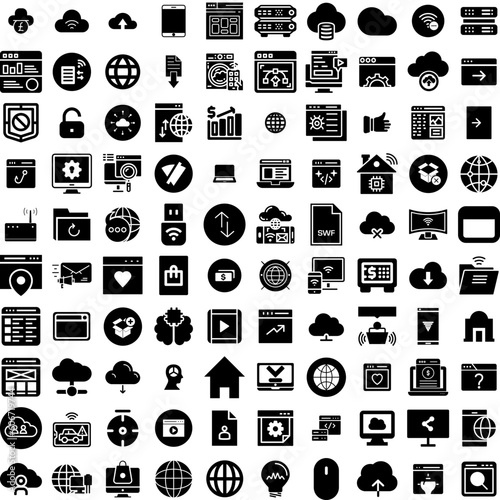 Collection Of 100 Internet Icons Set Isolated Solid Silhouette Icons Including Web, Communication, Background, Network, Internet, Technology, Concept Infographic Elements Vector Illustration Logo