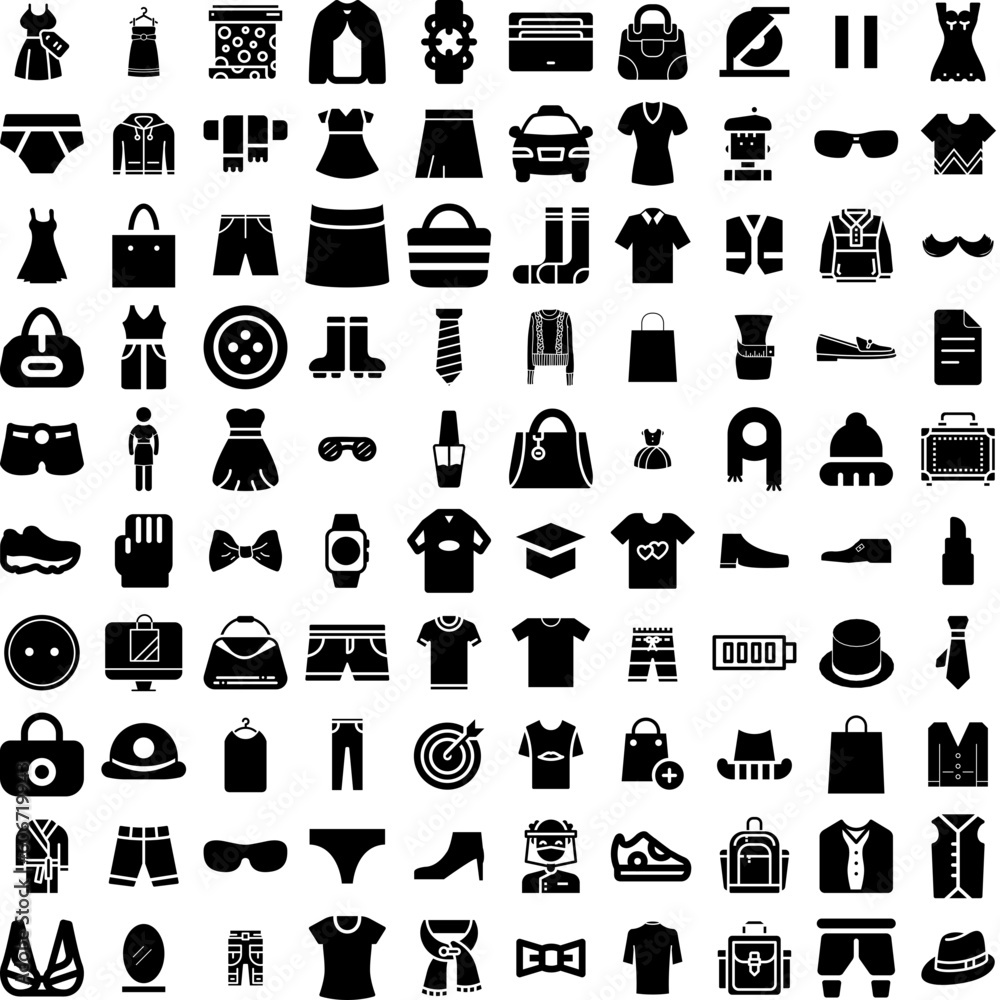 Collection Of 100 Fashion Icons Set Isolated Solid Silhouette Icons Including Fashion, Trendy, Beautiful, Style, Model, Woman, Fashionable Infographic Elements Vector Illustration Logo