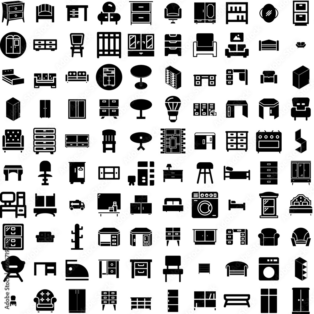 Collection Of 100 Furniture Icons Set Isolated Solid Silhouette Icons Including Room, Living, Home, Design, Furniture, Interior, Table Infographic Elements Vector Illustration Logo