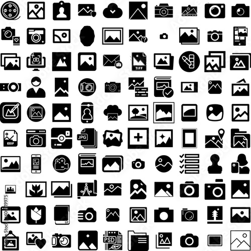 Collection Of 100 Image Icons Set Isolated Solid Silhouette Icons Including Design, Picture, Vector, Frame, Photo, Web, Image Infographic Elements Vector Illustration Logo