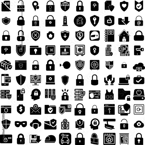 Collection Of 100 Secure Icons Set Isolated Solid Silhouette Icons Including Secure, Privacy, Technology, Internet, Computer, Protection, Security Infographic Elements Vector Illustration Logo