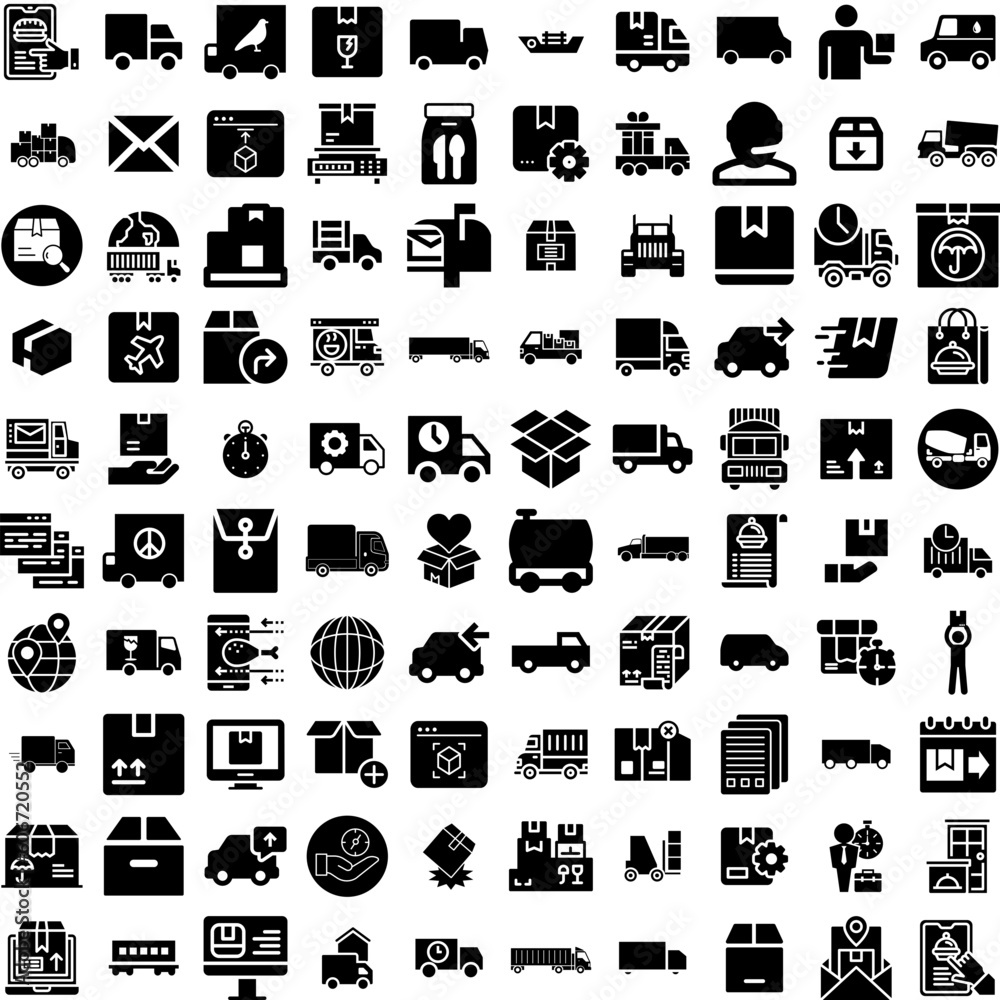 Collection Of 100 Delivery Icons Set Isolated Solid Silhouette Icons Including Shipping, Delivery, Fast, Transport, Courier, Service, Order Infographic Elements Vector Illustration Logo