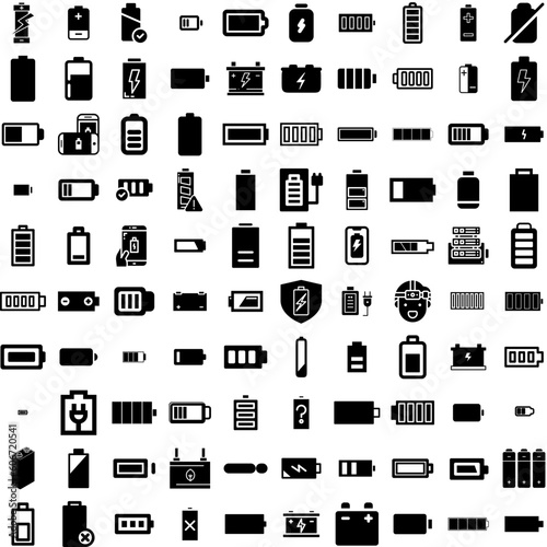 Collection Of 100 Battery Icons Set Isolated Solid Silhouette Icons Including Electricity, Lithium, Battery, Electric, Power, Industry, Energy Infographic Elements Vector Illustration Logo