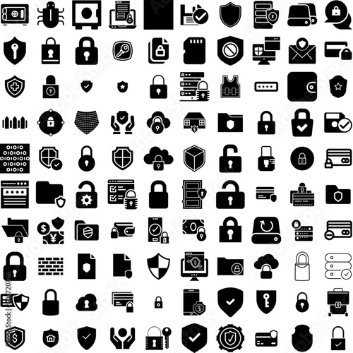 Collection Of 100 Secure Icons Set Isolated Solid Silhouette Icons Including Security, Technology, Computer, Protection, Secure, Privacy, Internet Infographic Elements Vector Illustration Logo