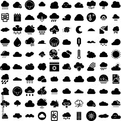 Collection Of 100 Weather Icons Set Isolated Solid Silhouette Icons Including Set, Sky, Rain, Forecast, Weather, Cloud, Sun Infographic Elements Vector Illustration Logo