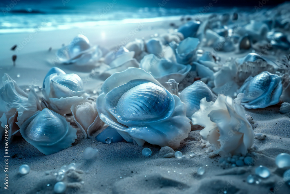 Dream landscape on a sandy beach with shells, flowers, pearls and little luminous glass spheres. Dream and meditation concept. Created with Generative AI technology. Dream landscape on a sandy beach with shells, flowers, pearls and little luminous glass spheres. Dream and meditation concept. Created with Generative AI technology.