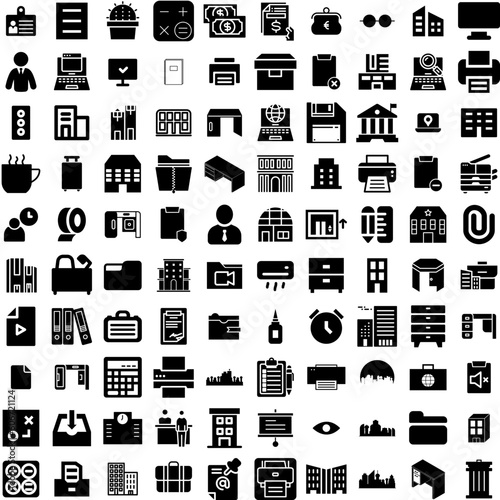 Collection Of 100 Office Icons Set Isolated Solid Silhouette Icons Including Business, Office, Modern, Technology, Work, Computer, Table Infographic Elements Vector Illustration Logo