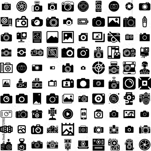 Collection Of 100 Photography Icons Set Isolated Solid Silhouette Icons Including Technology, Lens, Equipment, Photography, Photographer, Photo, Camera Infographic Elements Vector Illustration Logo © Natalie