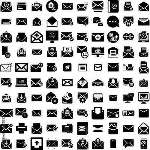 Collection Of 100 Email Icons Set Isolated Solid Silhouette Icons Including Vector, Message, Email, Mail, Communication, Web, Internet Infographic Elements Vector Illustration Logo