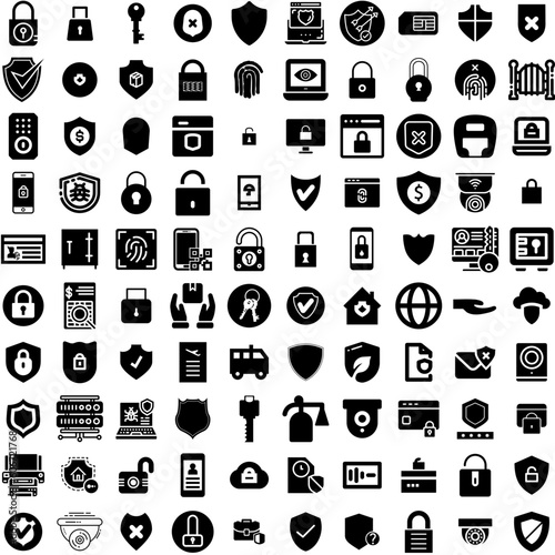 Collection Of 100 Security Icons Set Isolated Solid Silhouette Icons Including Computer, Technology, Secure, Protection, Internet, Security, Privacy Infographic Elements Vector Illustration Logo