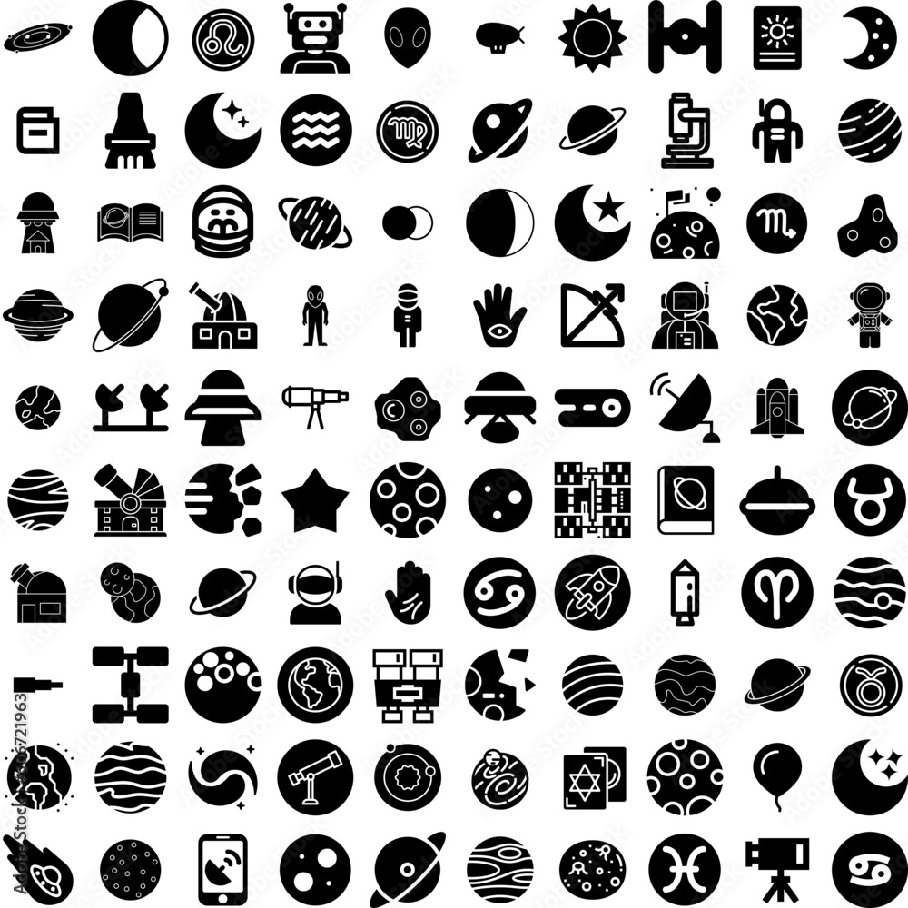 Collection Of 100 Astronomy Icons Set Isolated Solid Silhouette Icons Including Night, Science, Cosmos, Sky, Universe, Space, Astronomy Infographic Elements Vector Illustration Logo