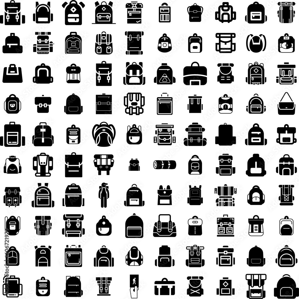 Collection Of 100 Backpack Icons Set Isolated Solid Silhouette Icons Including School, Education, Backpack, Bag, Study, Design, Student Infographic Elements Vector Illustration Logo