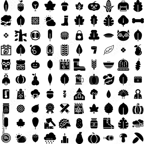 Collection Of 100 Autumn Icons Set Isolated Solid Silhouette Icons Including Season, Leaf, Autumn, Foliage, Fall, Background, Orange Infographic Elements Vector Illustration Logo