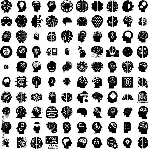 Collection Of 100 Brain Icons Set Isolated Solid Silhouette Icons Including Human, Idea, Brain, Science, Intelligence, Mind, Head Infographic Elements Vector Illustration Logo