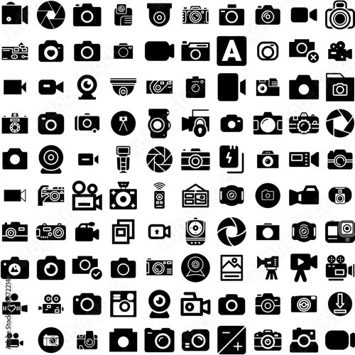 Collection Of 100 Camera Icons Set Isolated Solid Silhouette Icons Including Lens, Camera, Illustration, Digital, Photo, Photography, Equipment Infographic Elements Vector Illustration Logo