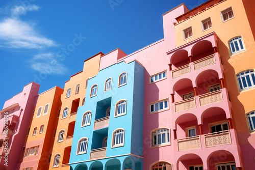 Bright, colorful buildings in a sunny setting. Outdoors, facades, backgrounds, blue sky. Developed with generative ai