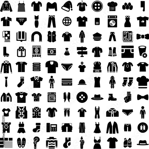 Collection Of 100 Clothing Icons Set Isolated Solid Silhouette Icons Including Fabric, Style, Clothing, Cloth, Fashion, Background, Clothes Infographic Elements Vector Illustration Logo