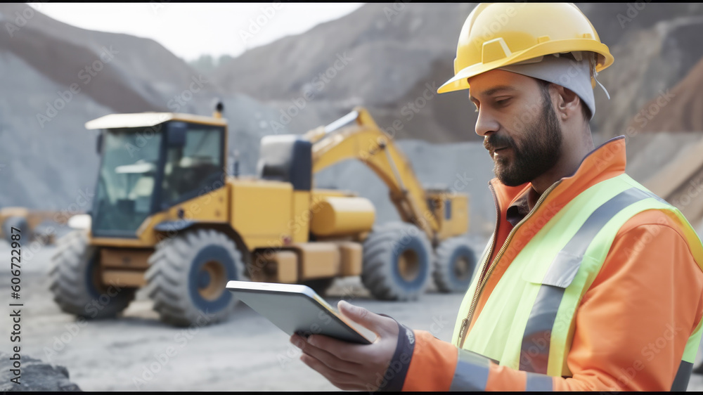 a worker in a protective helmet and uniform holds an electronic tablet on the background of a bulldozer in a quarry. Generative AI a worker in a protective helmet and uniform holds an electronic tablet on the background of a bulldozer in a quarry. Generative AI