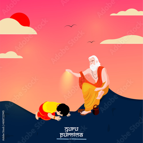 Happy Guru Purnima vector Illustration of guru and shishaya in a beautiful sunset background.